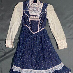 Vintage Gunne Sax Navy Blue Floral with Lace and Shear Long Sleeves Small